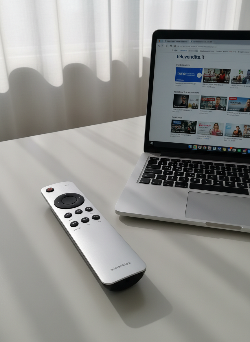 An elegant, remote control with a brushed metallic finish and matte black buttons, positioned on a crisp white desk next to an open laptop displaying the televendite.it homepage. The workspace features soft, diffused natural light filtering through translucent blinds, creating a calm, focused atmosphere. Subtle product shadows emphasize the object’s precise details. Shot from a slightly elevated angle, the composition is structured using the rule of thirds, ensuring each element is clearly defined. The image employs photographic realism with neutral tones and clean lines, communicating professionalism and digital convenience integral to the televendita streaming experience.