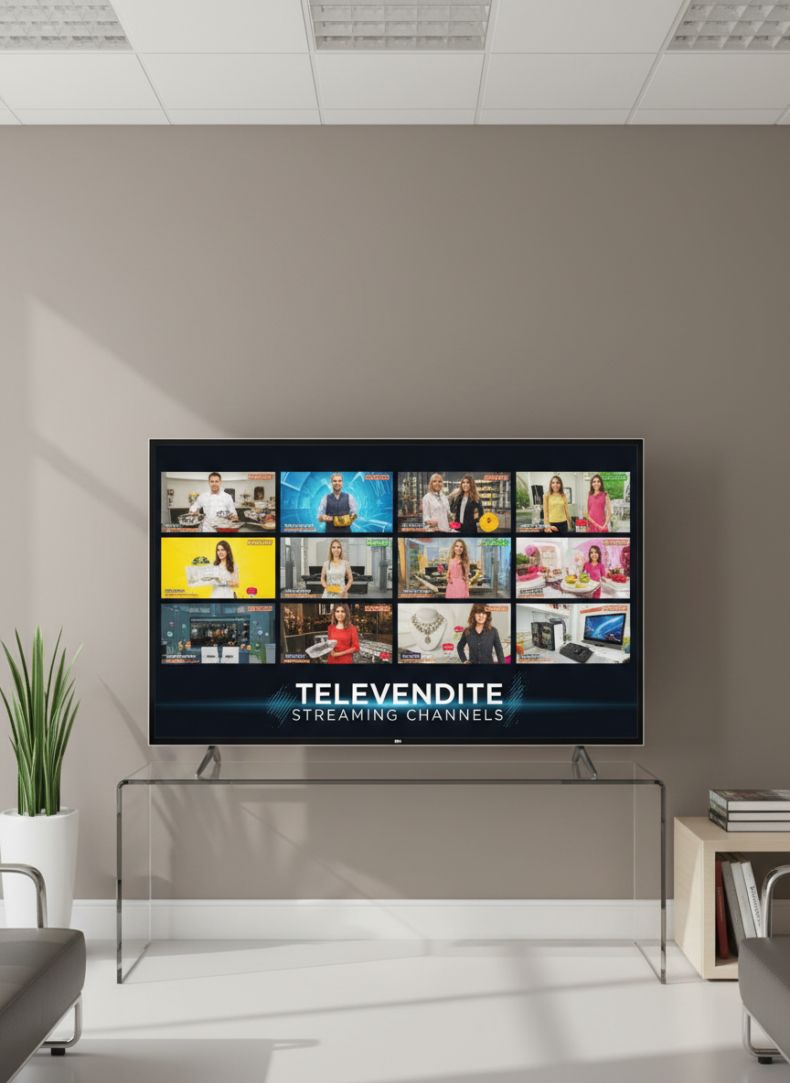 A sleek, high-definition smart television screen with ultra-thin black bezels, displaying a dynamic grid of vibrant televendita channel thumbnails. The TV is perfectly centered in a minimal, modern corporate office setting, resting on a streamlined glass console against a neutral taupe wall. Balanced daylight from overhead recessed lighting casts gentle, diffuse highlights on the screen and subtle reflections on the polished surfaces. The overall mood is organized, professional, and welcoming. The composition uses a centered, eye-level perspective with sharp focus throughout, emphasizing clarity and structure. The style is photographic realism with clean lines and a balanced, structured layout, aligning with a corporate aesthetic. This image is designed to represent the core streaming function of the televendite website.